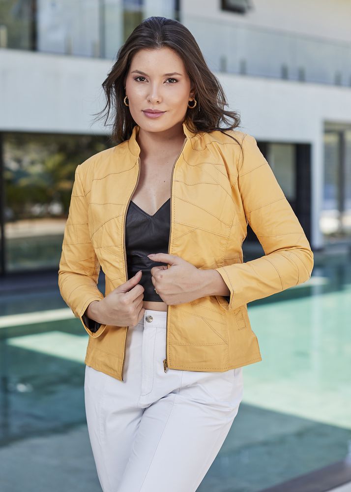 Jaqueta De Couro Pelica Patchwork Feminina Amarelo Bia