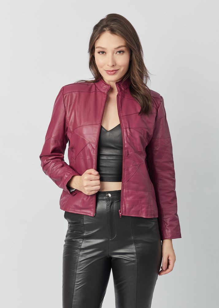 Jaqueta De Couro Pelica Patchwork Feminina Magenta Bia