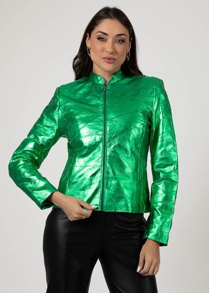 Jaqueta De Couro Pelica Patchwork Feminina Metal Esmeralda