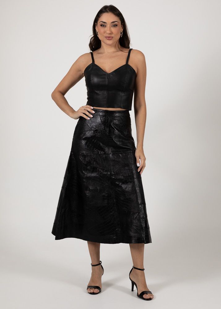 Saia De Couro Pelica Patchwork Feminina Croco Preto 