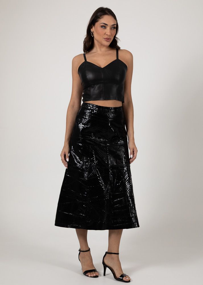 Saia De Couro Pelica Patchwork Feminina Verniz Preto Listrado
