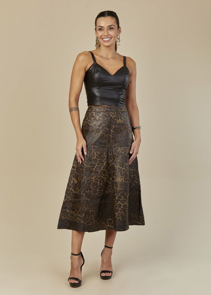 Saia De Couro Pelica Patchwork Feminina Bicolor Onça