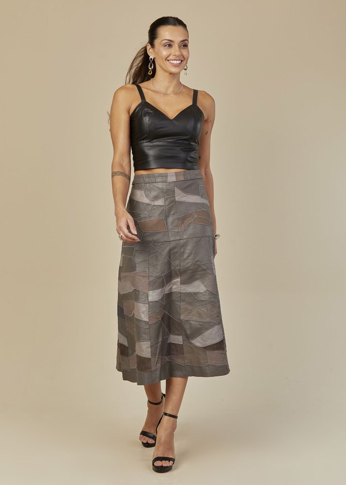 Saia De Couro Pelica Patchwork Feminina Bicolor Chumbo