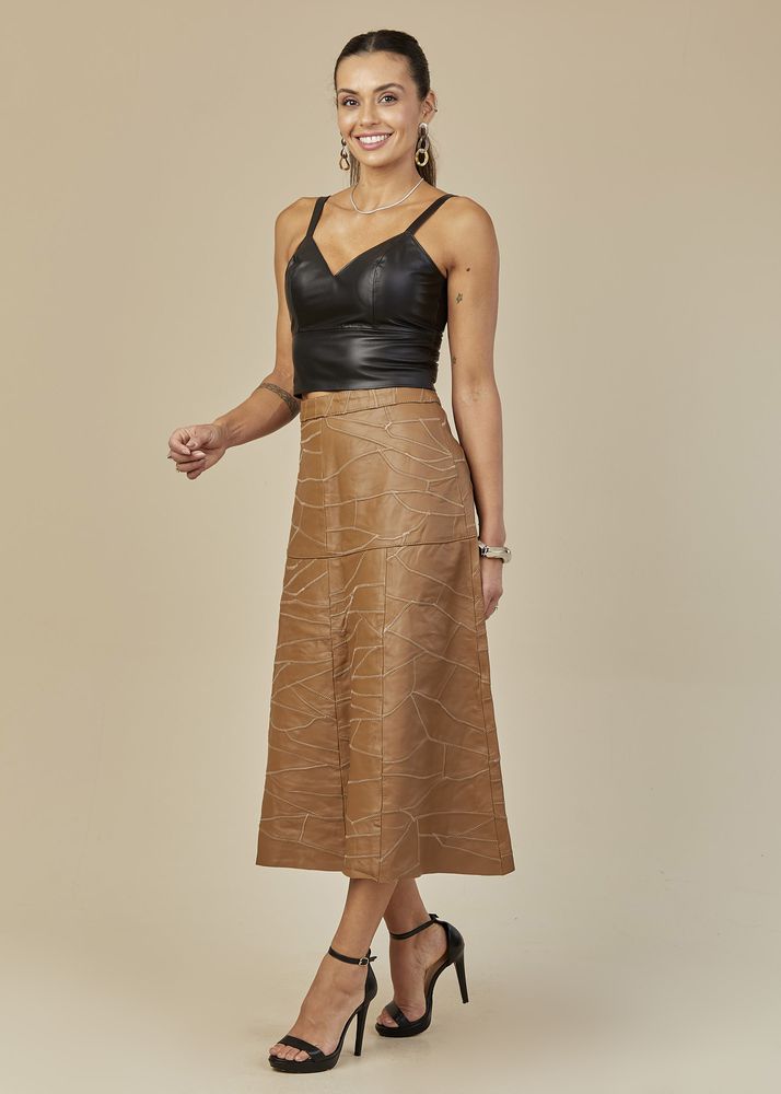 Saia De Couro Pelica Patchwork Feminina Avelã