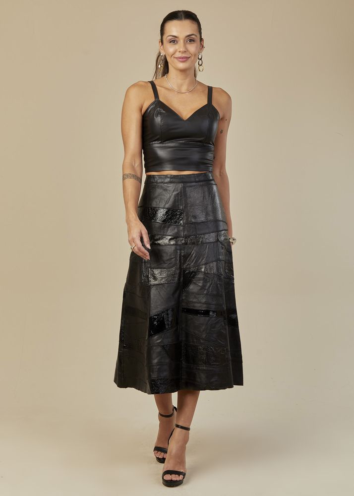 Saia De Couro Pelica Patchwork Feminina Bicolor Preto