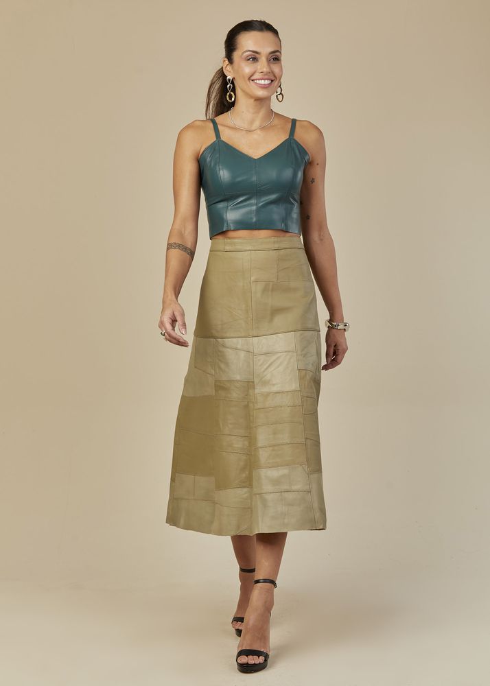 Saia De Couro Pelica Patchwork Feminina Bicolor Aspargo