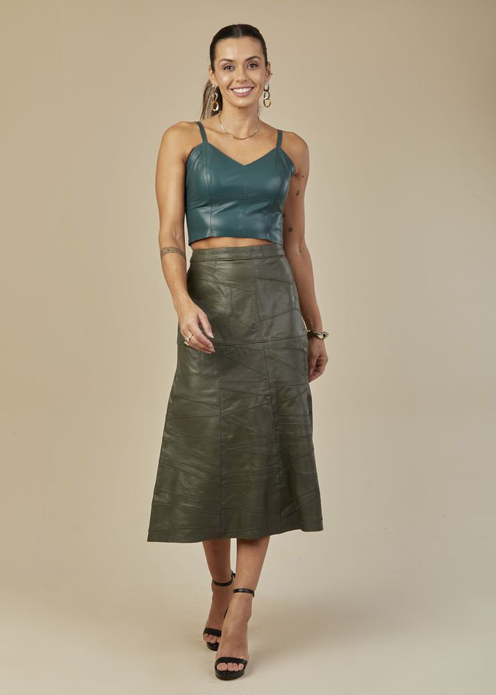 Saia De Couro Pelica Patchwork Feminina Verde Floresta