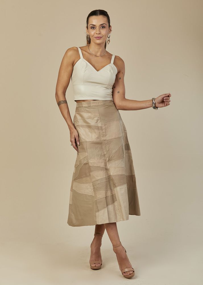 Saia De Couro Pelica Patchwork Feminina Bicolor Sorvete