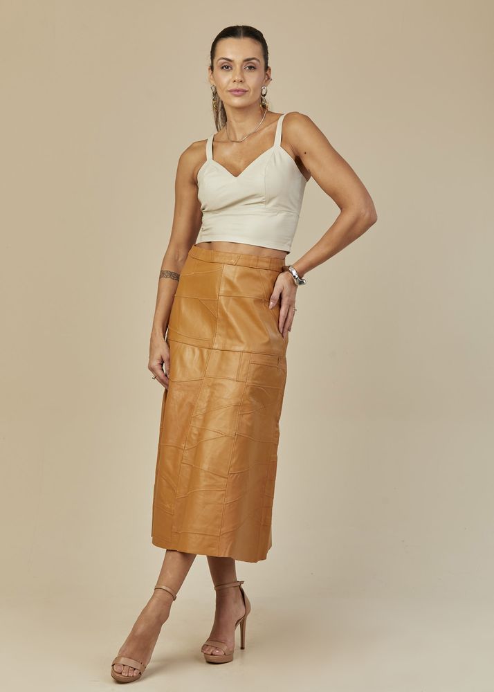 Saia De Couro Pelica Patchwork Feminina Mel