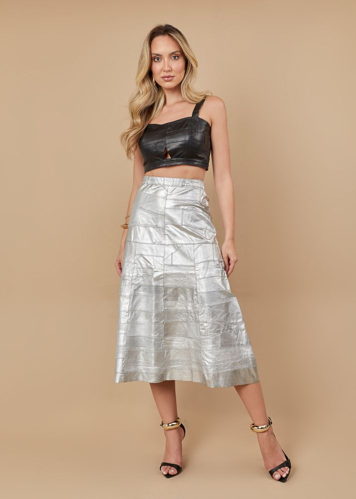Saia De Couro Pelica Patchwork Feminina Prata