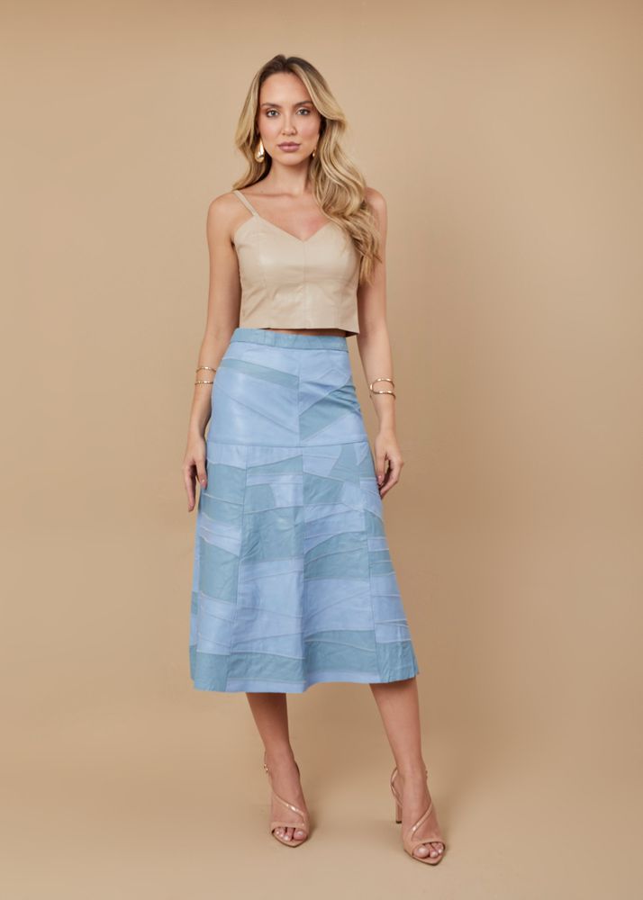 Saia De Couro Pelica Patchwork Feminina Bicolor Azul