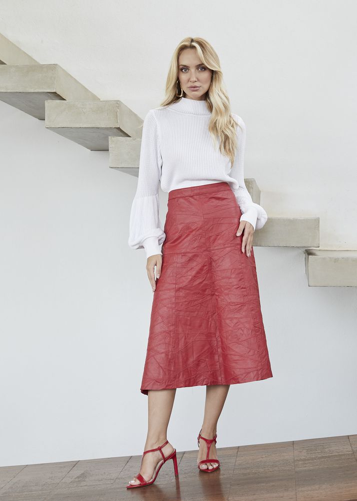 Saia De Couro Pelica Patchwork Feminina Vermelho