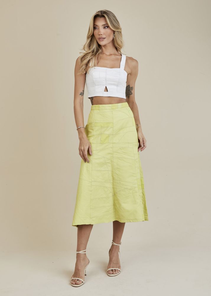 Saia De Couro Pelica Patchwork Feminina Amarelo