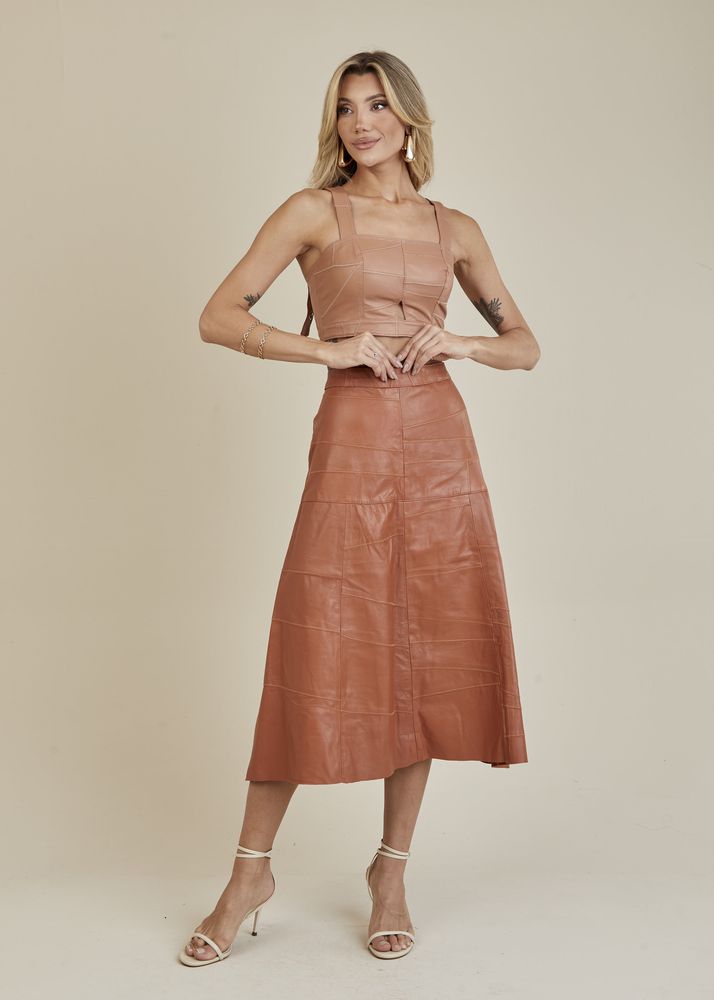 Saia De Couro Pelica Patchwork Feminina Telha