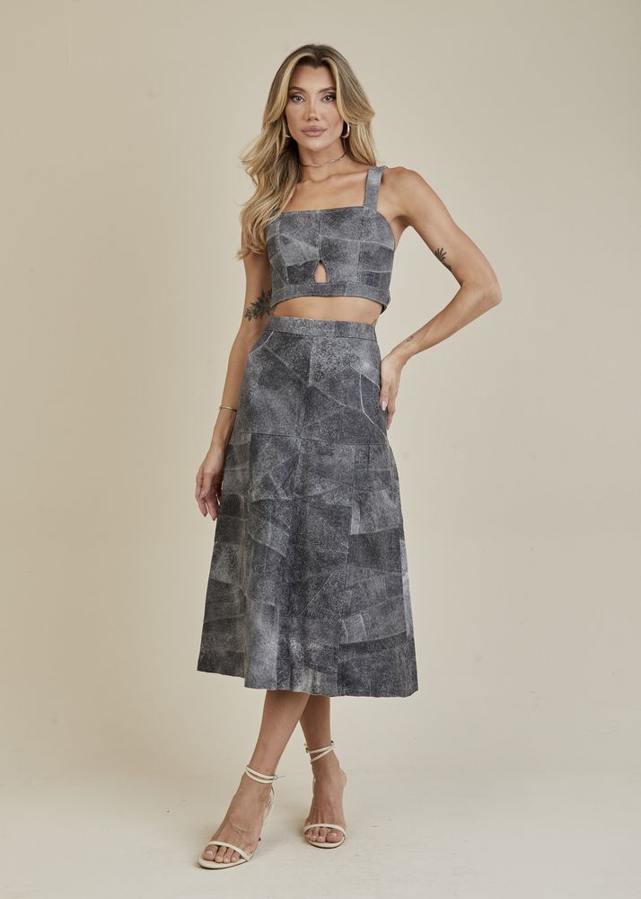 Saia De Couro Pelica Patchwork Feminina Estonada Preta