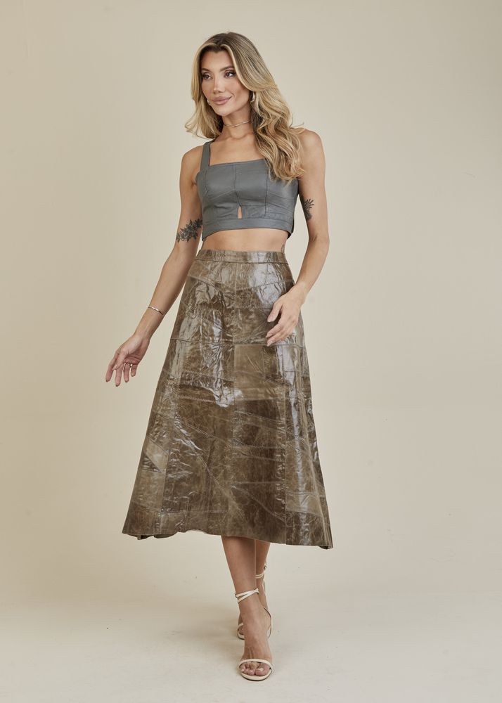 Saia De Couro Pelica Patchwork Feminina Bicolor Verniz Oliva