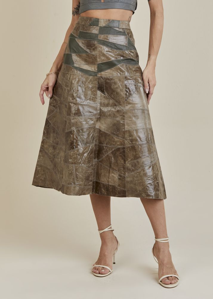 Saia De Couro Pelica Patchwork Feminina Bicolor Verniz Oliva