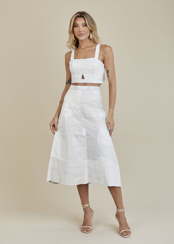 Saia De Couro Pelica Patchwork Feminina Bicolor Off-white