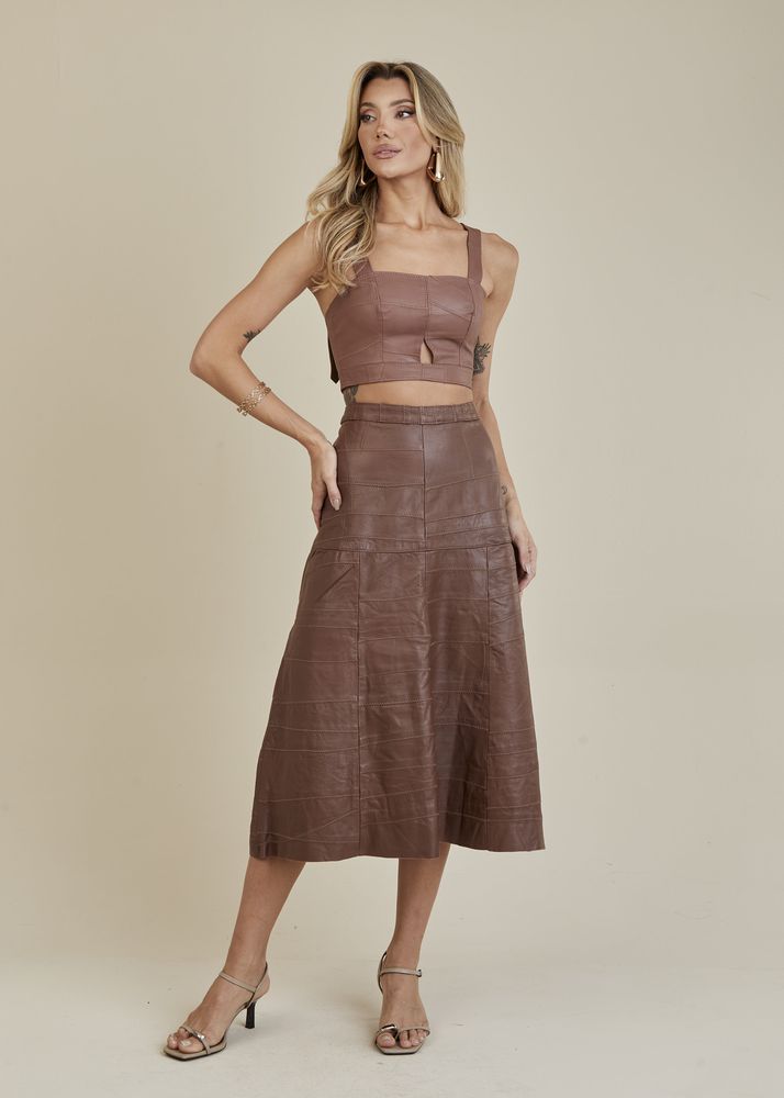 Saia De Couro Pelica Patchwork Feminina Tabaco