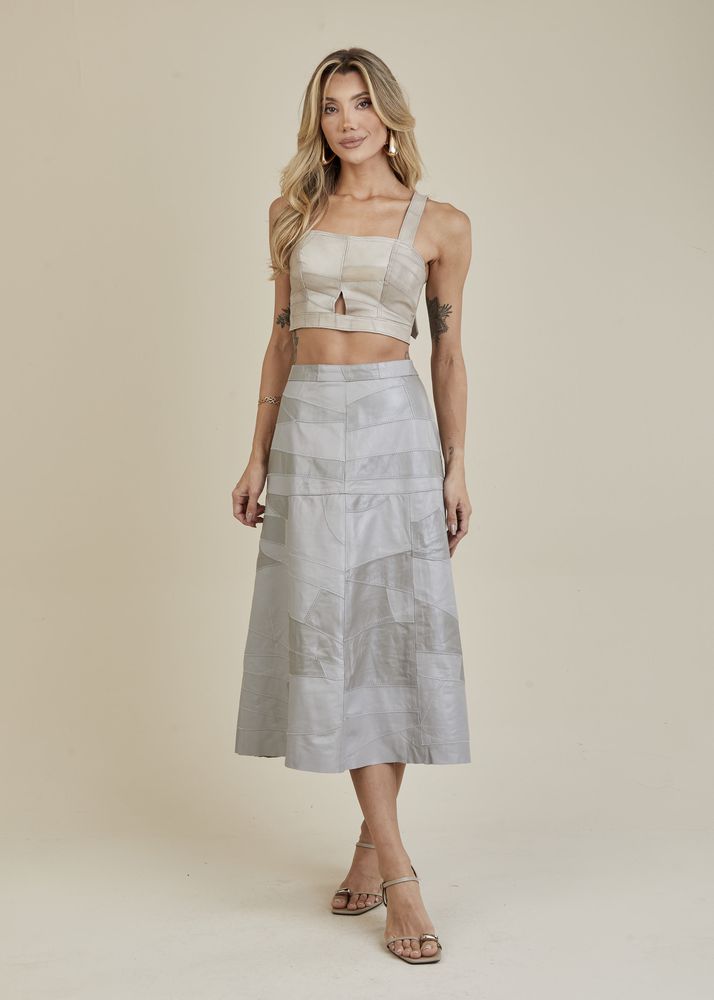 Saia De Couro Pelica Patchwork Feminina Bicolor Cinza