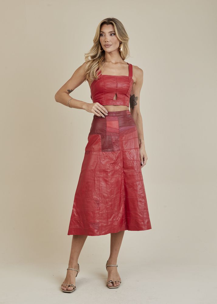 Saia De Couro Pelica Patchwork Feminina Bicolor Rubi