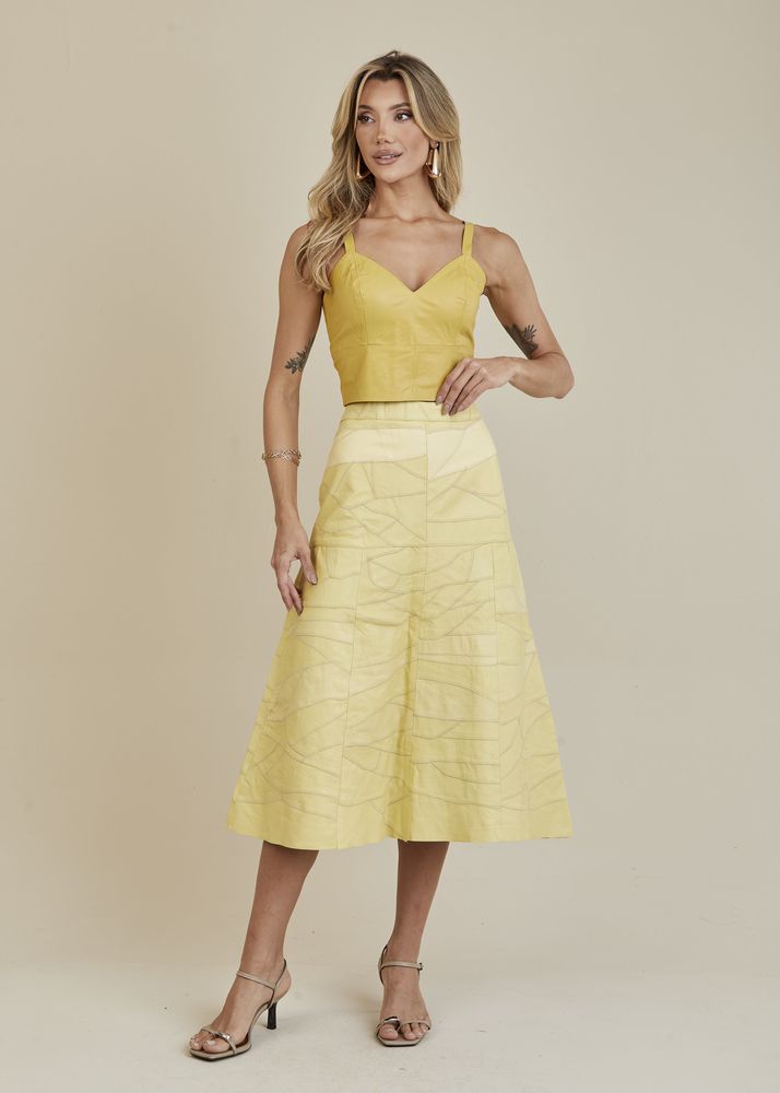 Saia De Couro Pelica Patchwork Feminina Bicolor Amarelo Limão