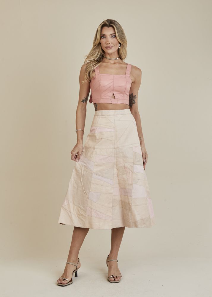 Saia De Couro Pelica Patchwork Feminina Bicolor Rose
