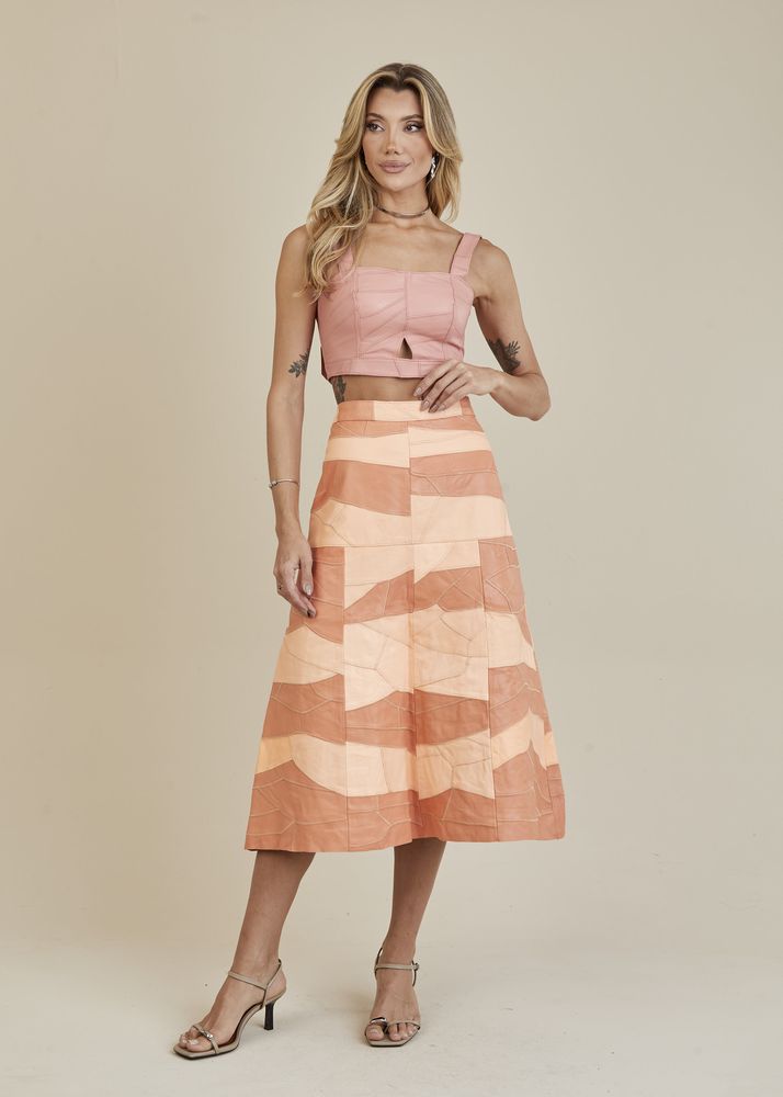 Saia De Couro Pelica Patchwork Feminina Bicolor Salmão