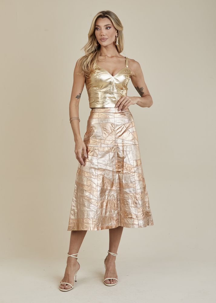 Saia De Couro Pelica Patchwork Feminina Bicolor Dourado Gold