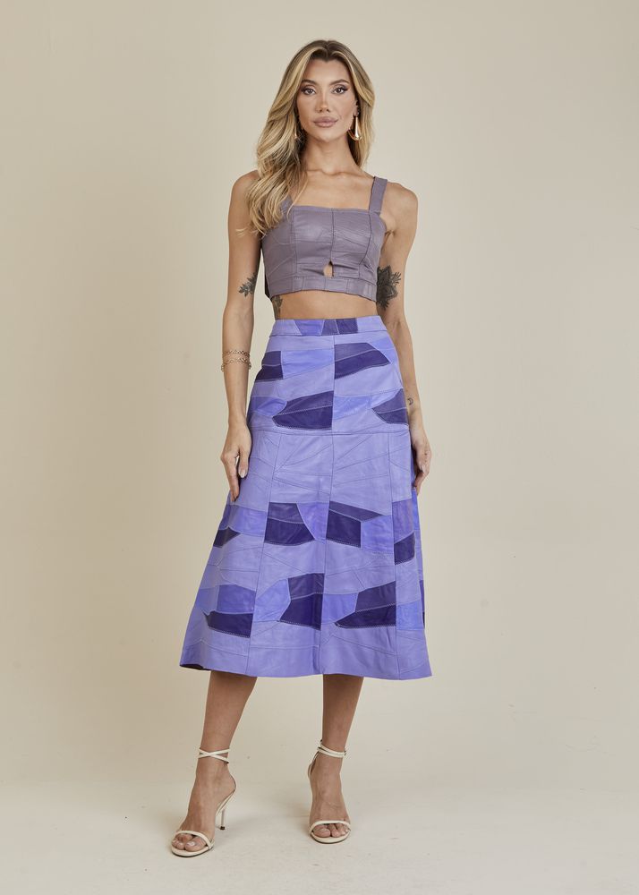 Saia De Couro Pelica Patchwork Feminina Bicolor Celeste
