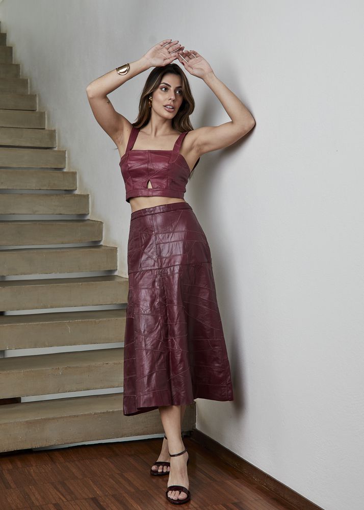 Saia De Couro Pelica Patchwork Feminina Bordô