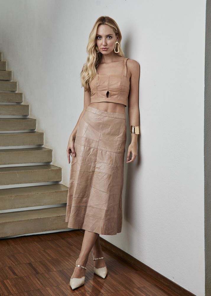 Saia De Couro Pelica Patchwork Feminina Capuccino