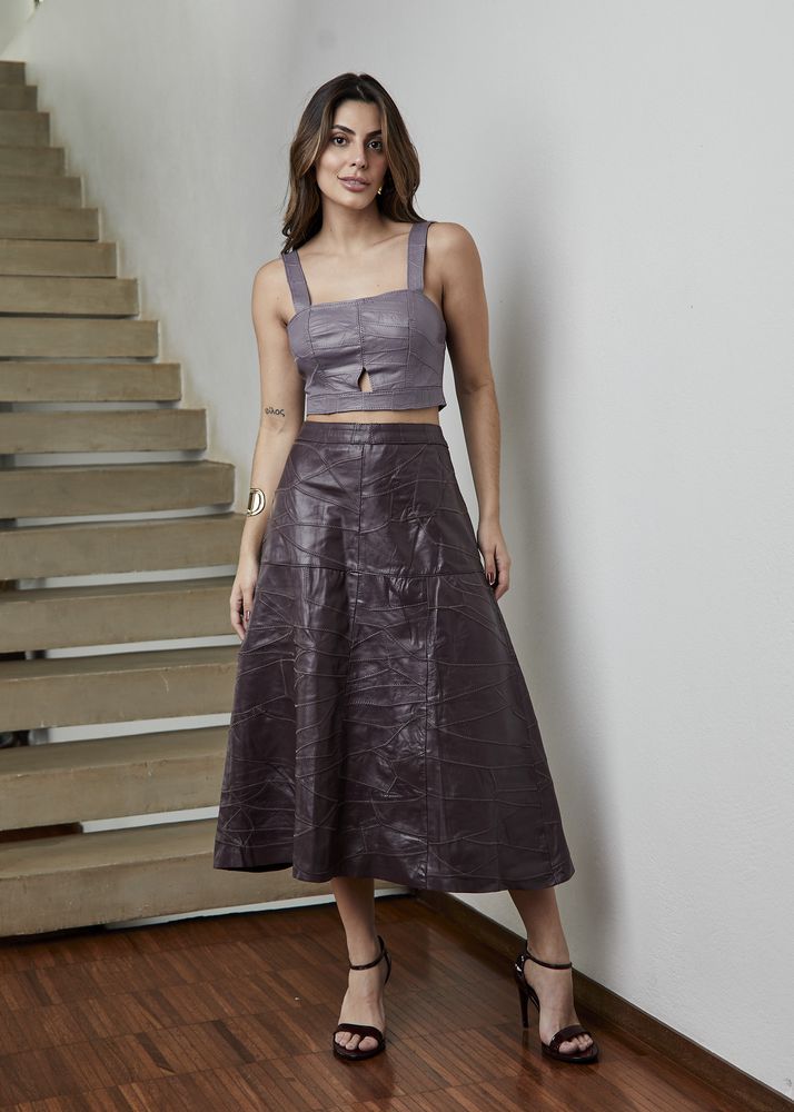Saia De Couro Pelica Patchwork Feminina Uva