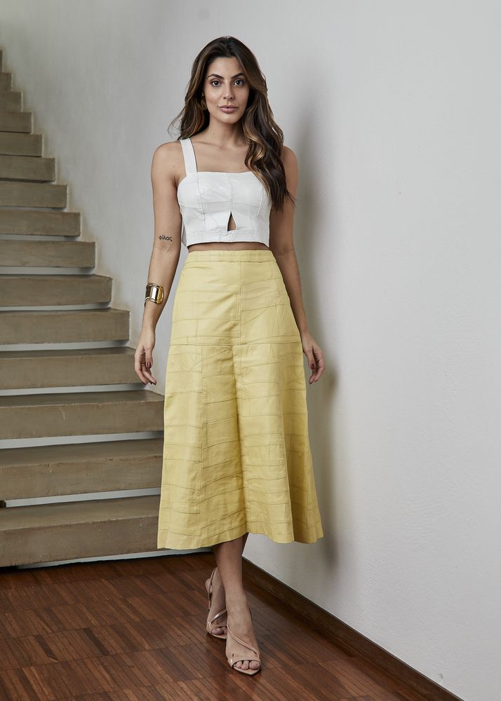 Saia De Couro Pelica Patchwork Feminina Amarelo Limão