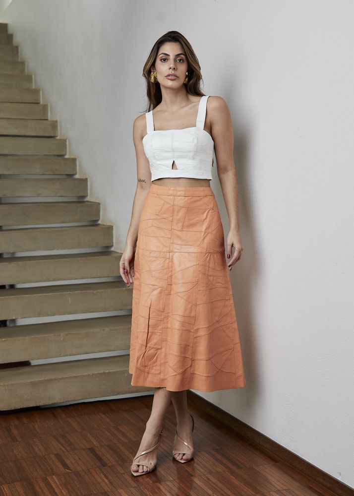 Saia De Couro Pelica Patchwork Feminina Salmão