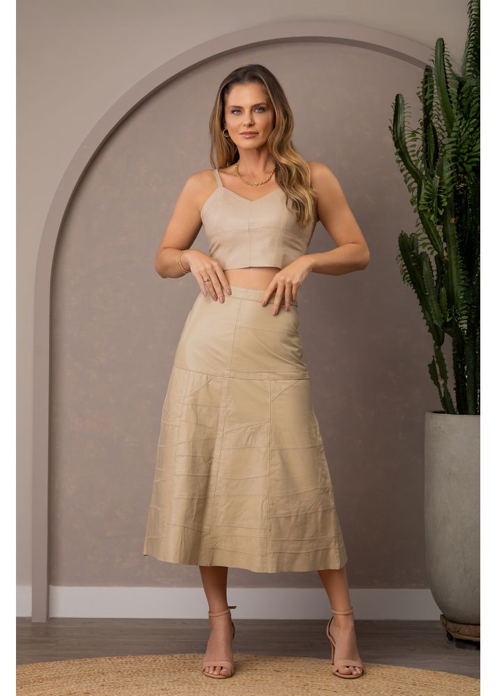Saia De Couro Pelica Patchwork Feminina Nude 