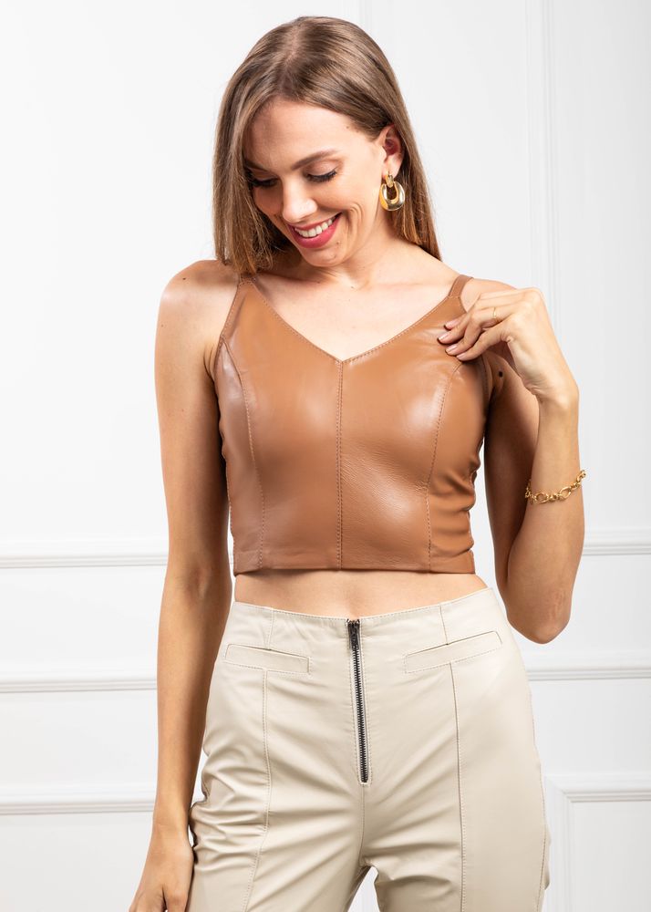 Cropped Couro Pelica Feminino Camel Dayane 