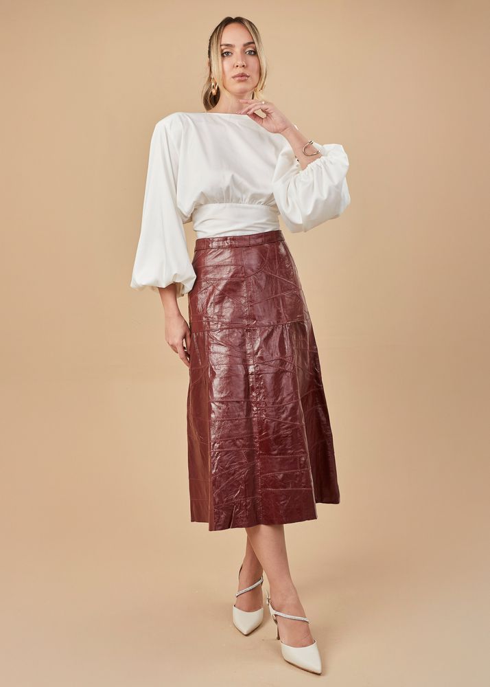Saia De Couro Pelica Patchwork Feminina Verniz Bordo