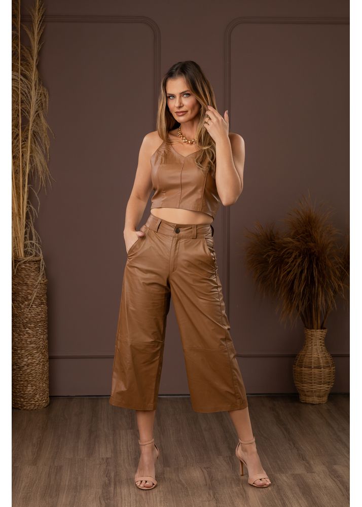 Calça Pantacurt de Couro Feminina Camelo Leona 