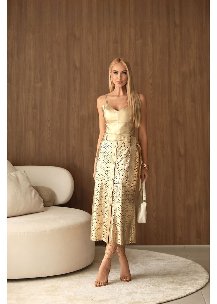Saia De Couro Pelica Vazada Champanhe Sabrina 