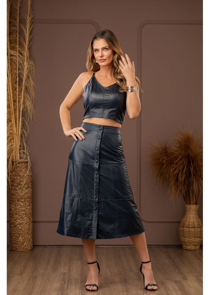 Saia De Couro Azul Vintage Marinho Brenda 
