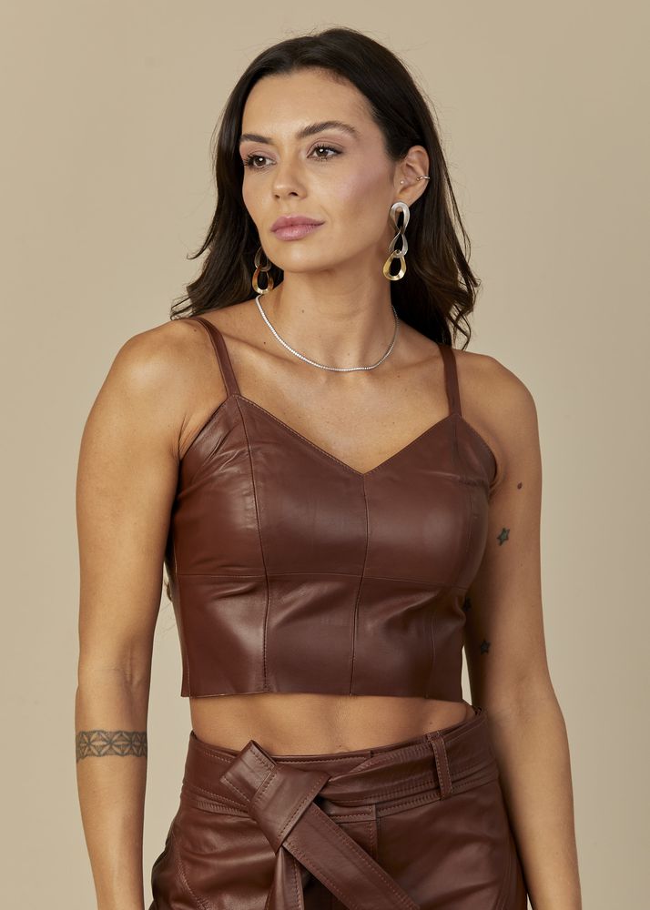 Cropped Couro Pelica Feminino Tabaco Júlia 
