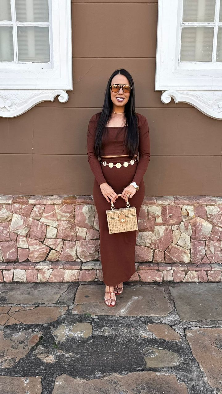 Conjunto Saia Midi e Cropped Bianca Marrom - MHA VIANA STORE