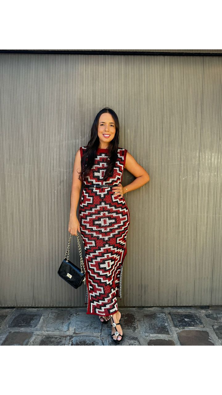 Vestido Tricô Romana Vermelho E Preto - MHA VIANA STORE