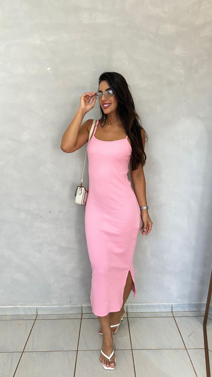 Vestido Canelado Alça Fina Rosa - MHA VIANA STORE