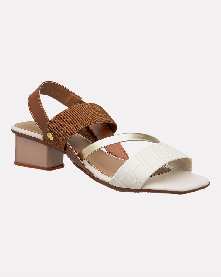 Sandália Angelônia Salto Grosso - Off White / Ouro / Caramelo