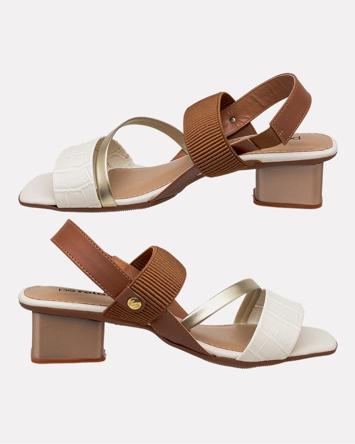 Sandália Angelônia Salto Grosso - Off White / Ouro / Caramelo