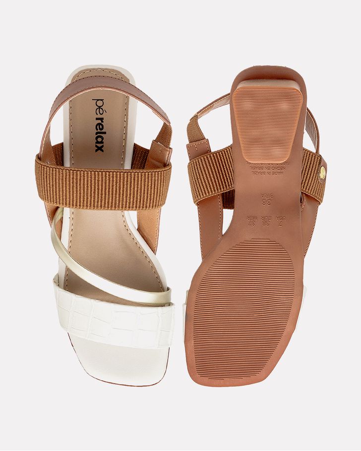 Sandália Angelônia Salto Grosso - Off White / Ouro / Caramelo