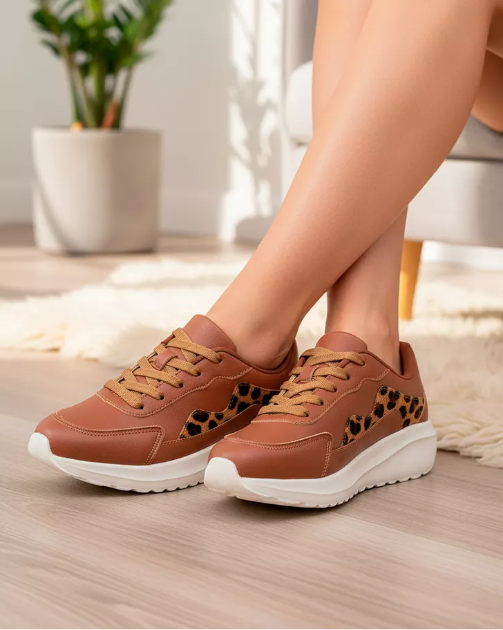 Sneaker Ortopédico Bromélia - Caramelo / Onça | Pé Relax Calçados