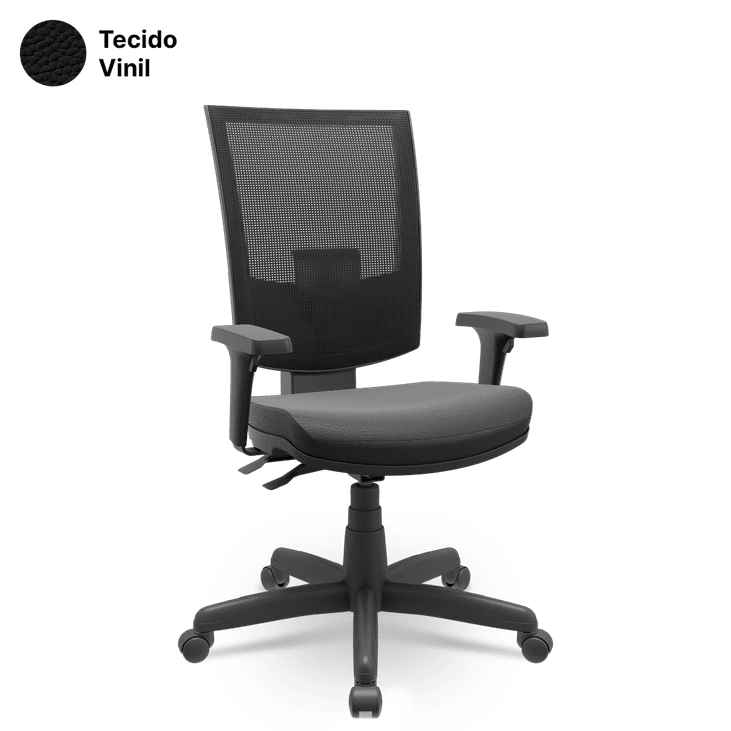 Cadeira Flash Presidente Vinil Tela Mesh Giratória - Braços Reguláveis e Sistema BackPlax
